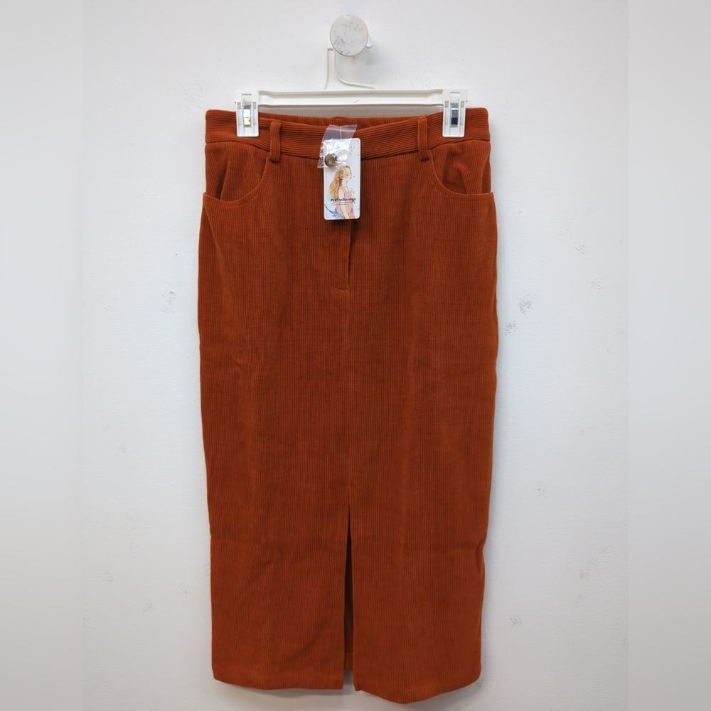 Pretty Garden Corduroy High Waisted Women's Pencil Midi Skirts Size 10 Caramel